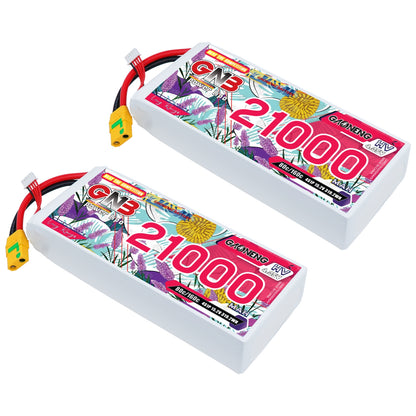 Two GAONENG GNB 21000mAh HV 4S LiPo batteries shown together with XT90S anti-spark connectors