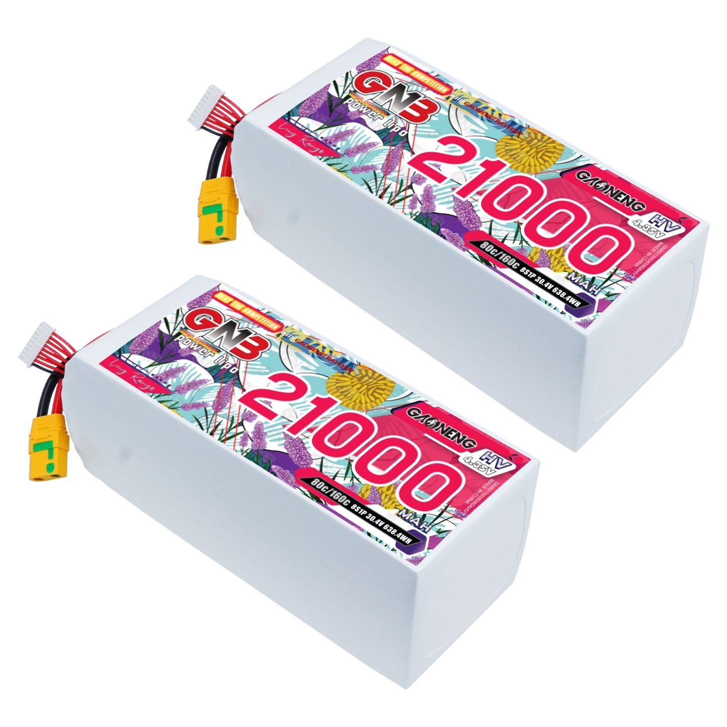 Two GAONENG GNB 21000mAh HV LiPo battery packs with XT90S connector and balance lead