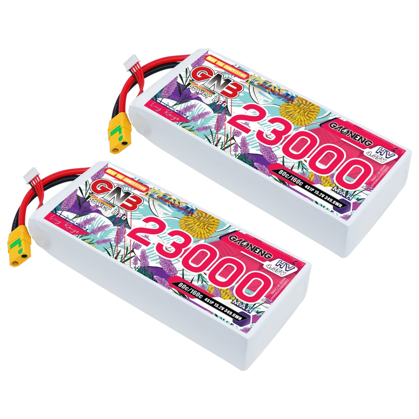 Two GNB 23000mAh 4S HV LiPo batteries with XT90S anti-spark plugs, pair set on white