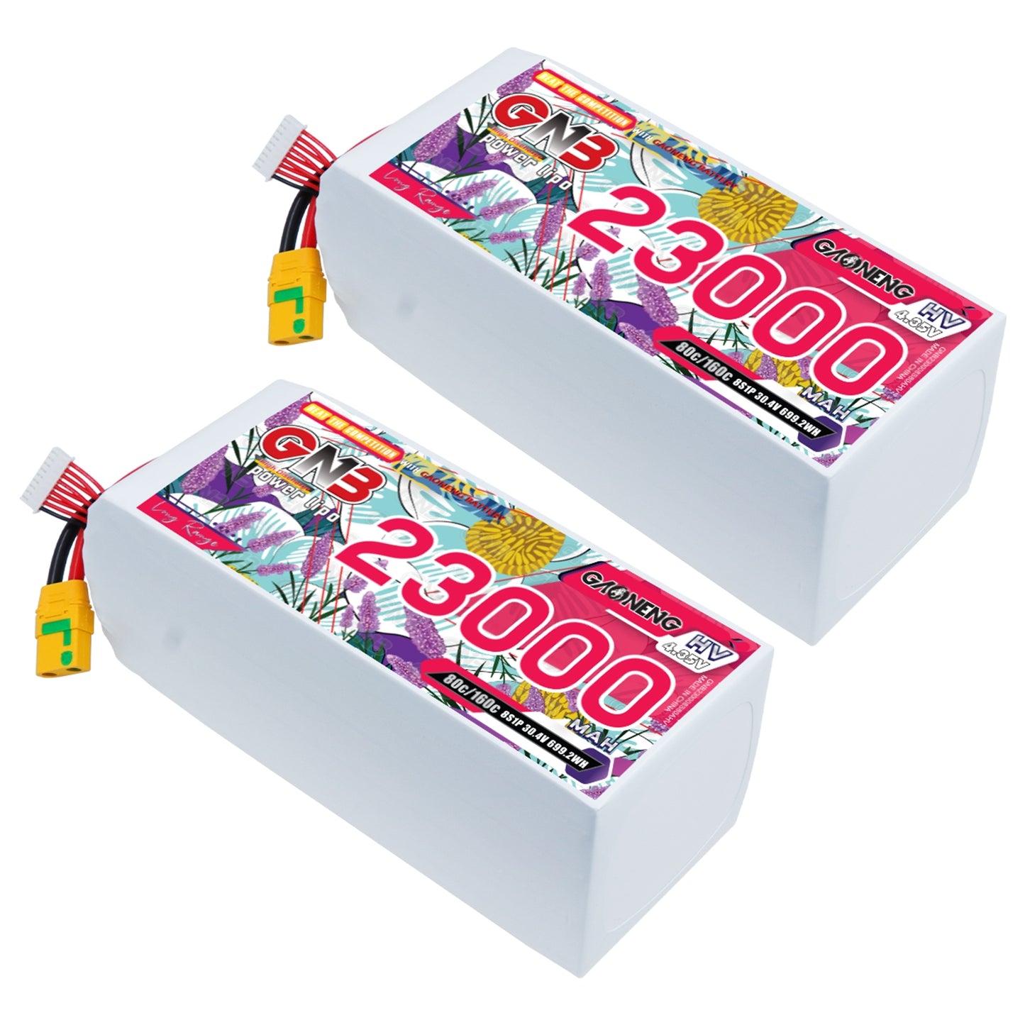 Two GNB 23000mAh HV LiPo batteries shown at angle with XT90S connector and balance leads