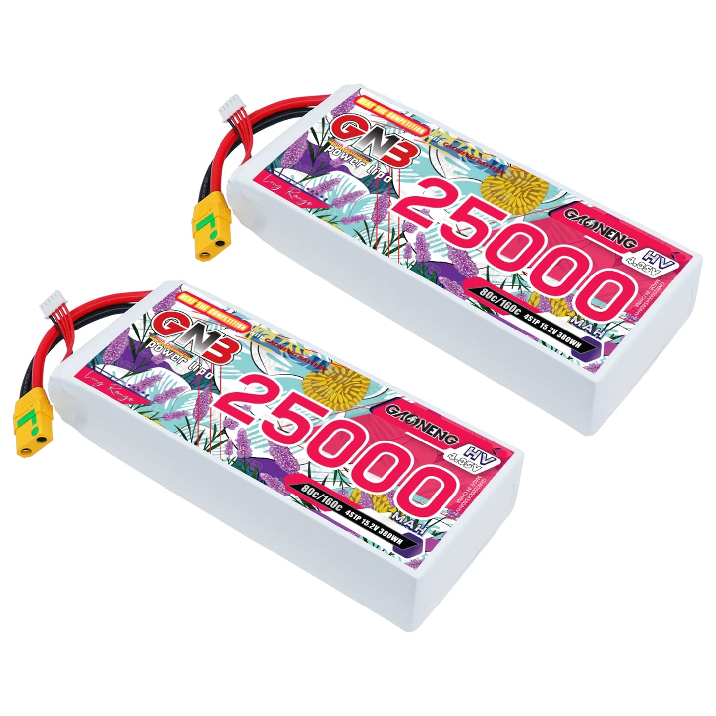 Two GNB 25000mAh HV LiPo battery packs shown at angle with XT90S connector and balance lead