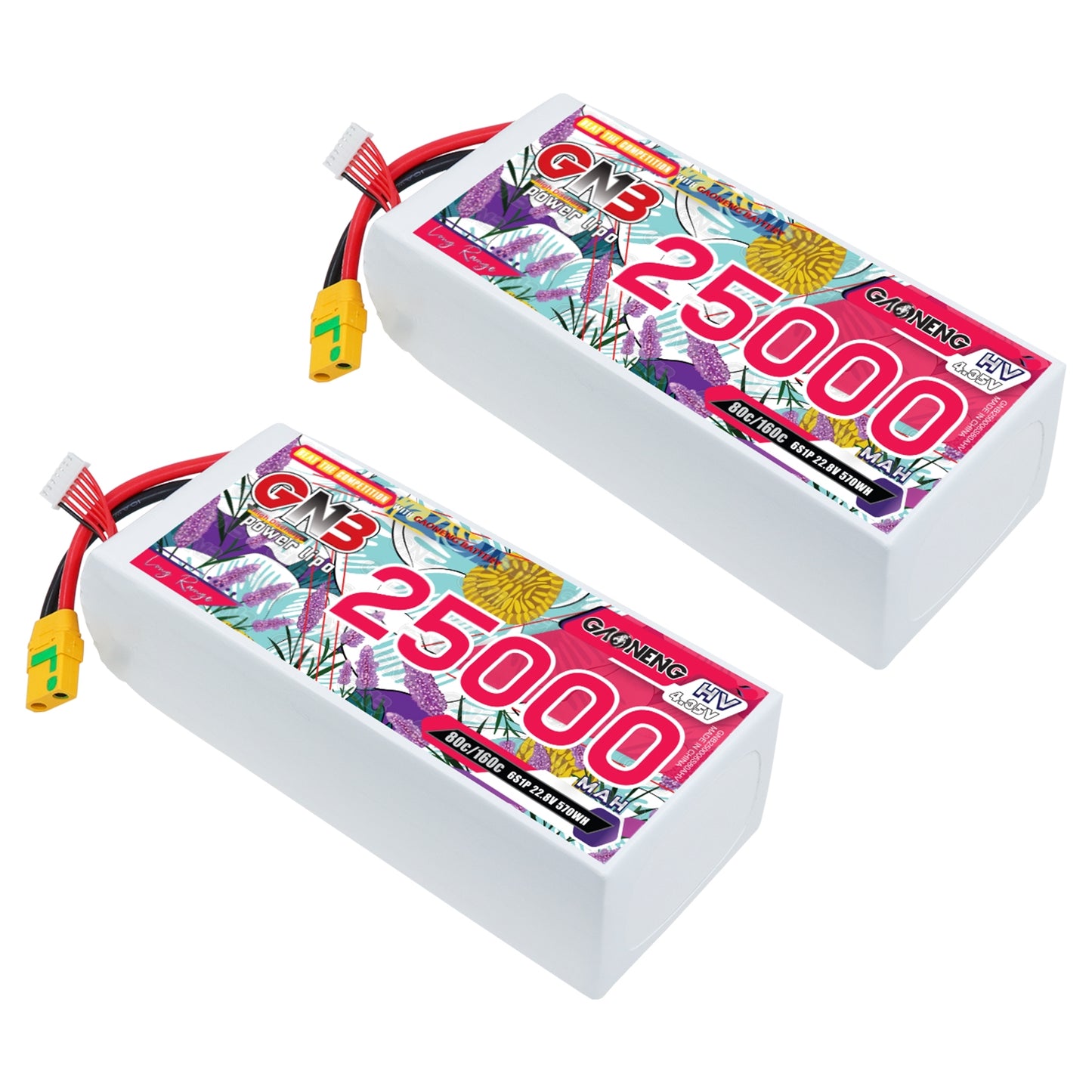 Two GAONENG GNB 25000mAh HV LiPo batteries shown together with XT90S plug and balance leads