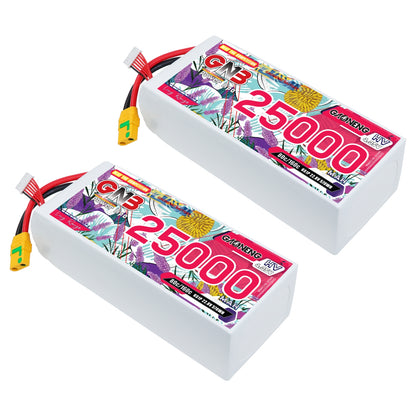 Two GAONENG GNB 25000mAh HV LiPo batteries shown together with XT90S plug and balance leads