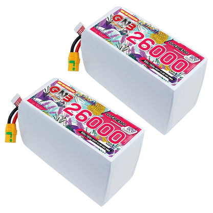 Two GNB 26000mAh LiPo battery packs shown together with XT90S anti-spark connectors
