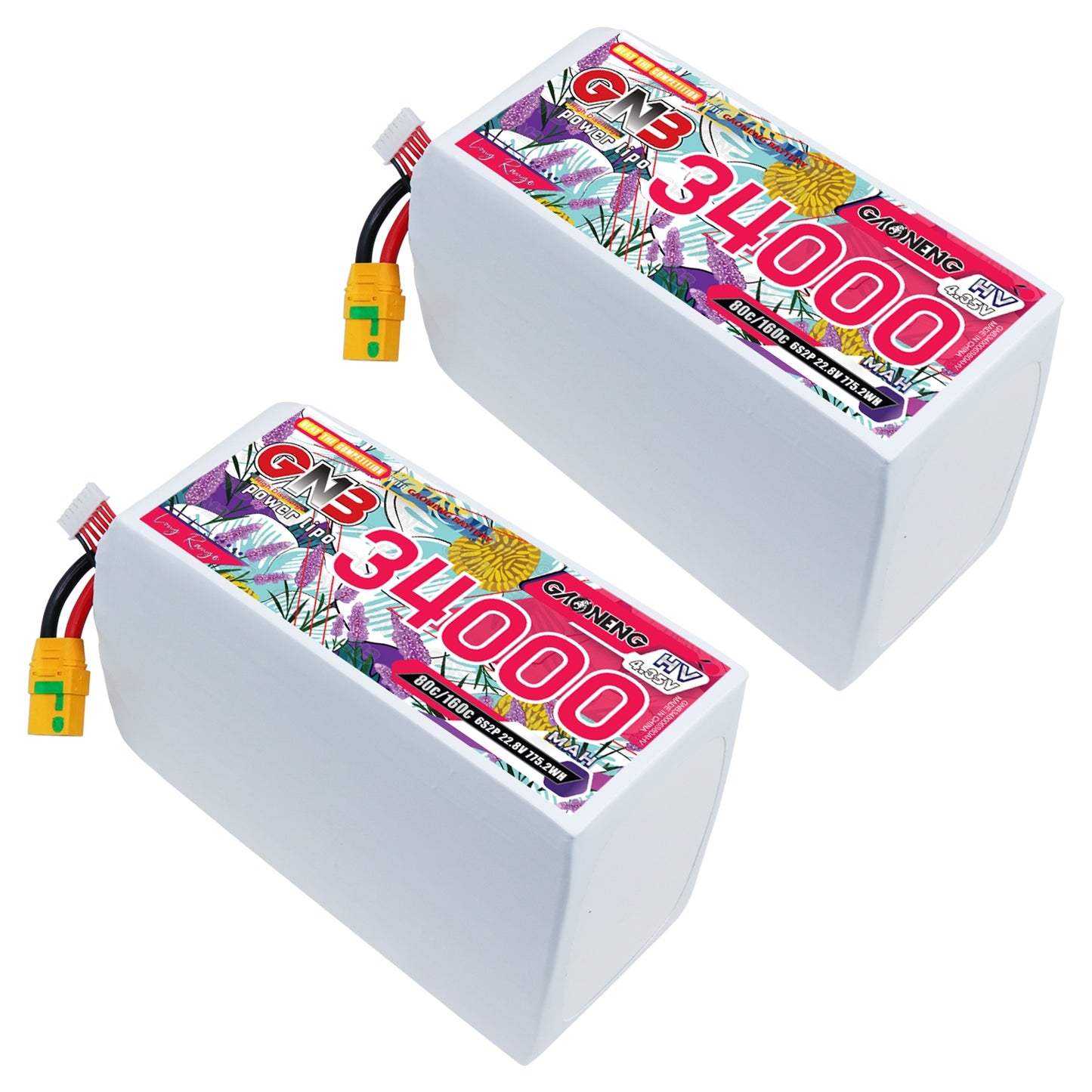 Two GAONENG GNB 34000mAh 6S HV LiPo battery packs shown together, XT90S leads visible