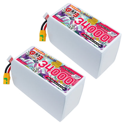 Two GAONENG GNB 34000mAh 6S HV LiPo battery packs shown together, XT90S leads visible
