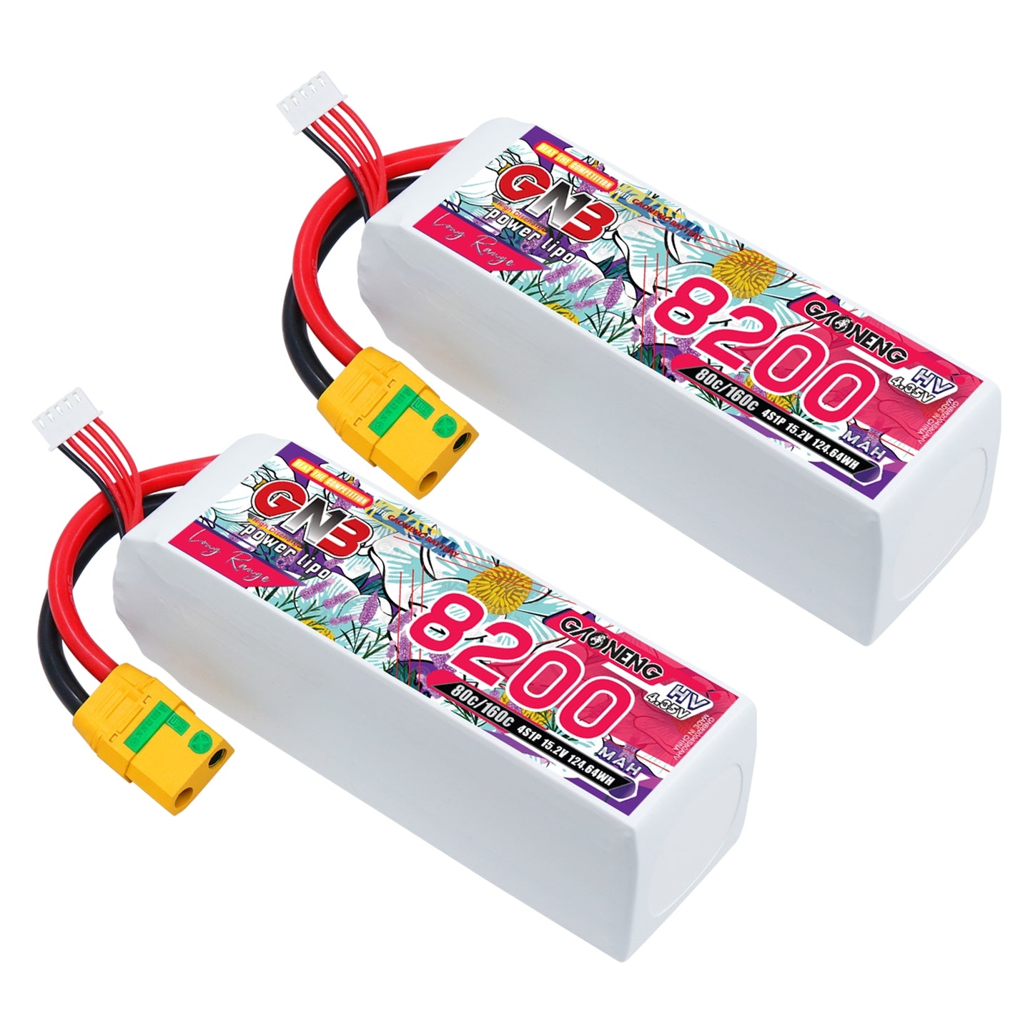 Two GNB 8200mAh LiHV 4S LiPo batteries with XT90S anti-spark connectors, angled view