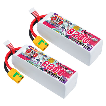 Two GNB 8200mAh LiHV 4S LiPo batteries with XT90S anti-spark connectors, angled view