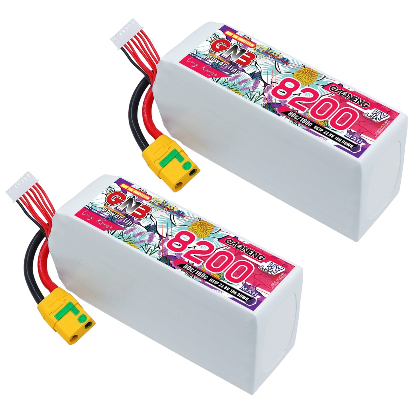 Two GNB 8200mAh HV 6S LiHV LiPo batteries shown together with XT90S connectors and balance leads