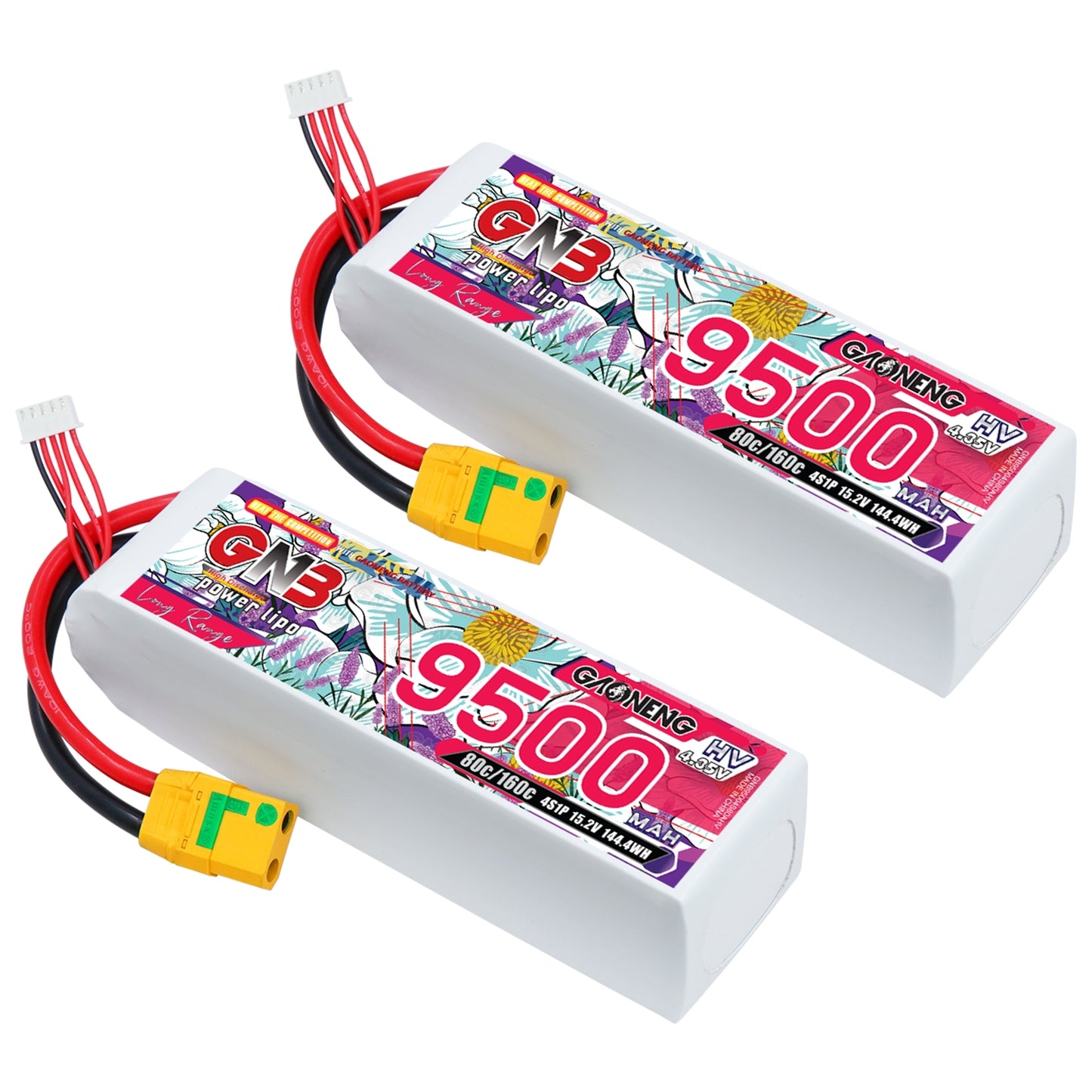 Two GAONENG GNB 9500mAh 4S LiHV LiPo batteries with XT90S anti-spark connectors, side by side