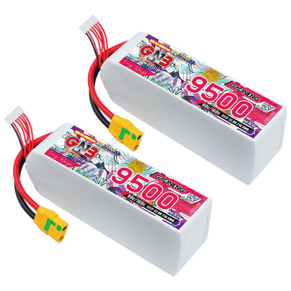Two-pack GNB 9500mAh LiHV LiPo batteries with XT90S anti-spark connectors and balance leads