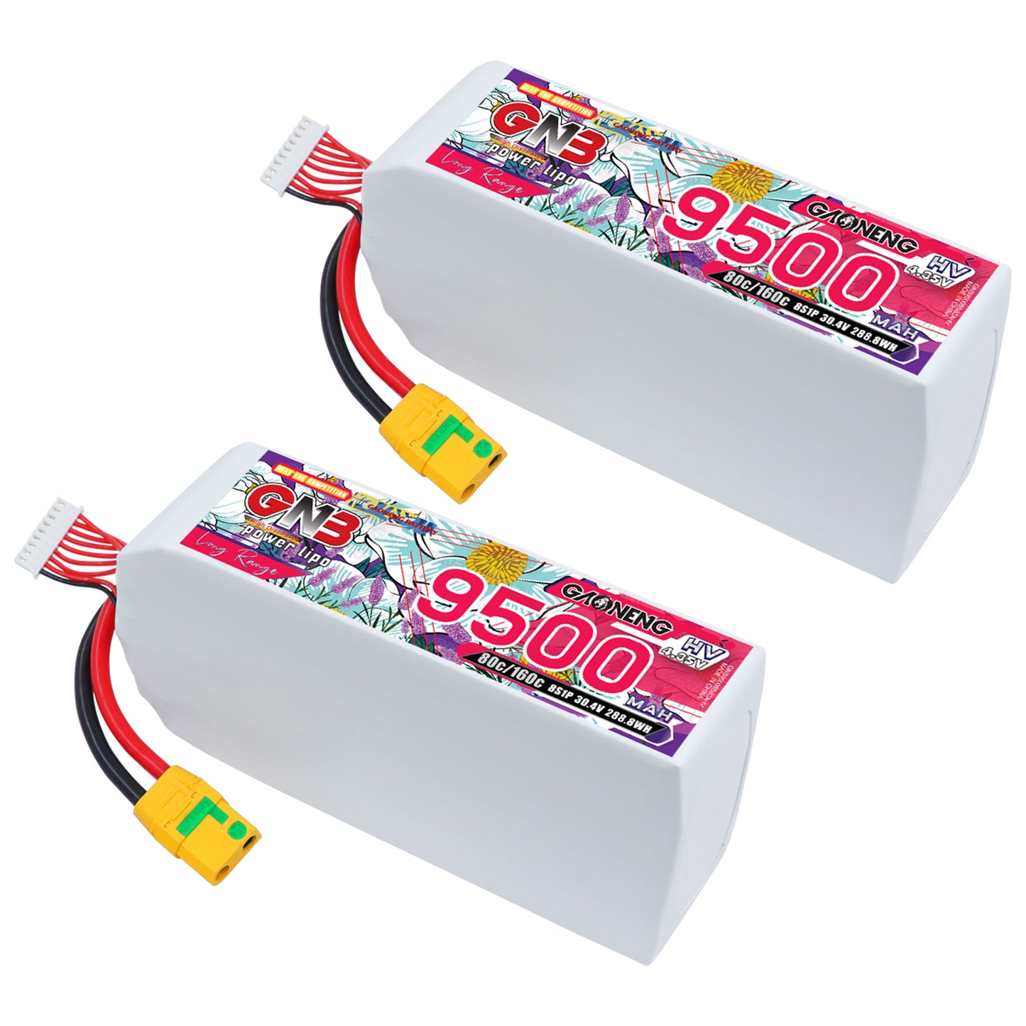 Two-pack view of GNB 9500mAh HV 8S LiPo batteries with XT90S connectors and balance leads