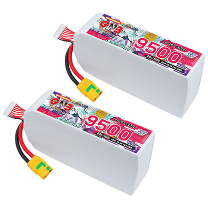 Two-pack view of GNB 9500mAh HV 8S LiPo batteries with XT90S connectors and balance leads