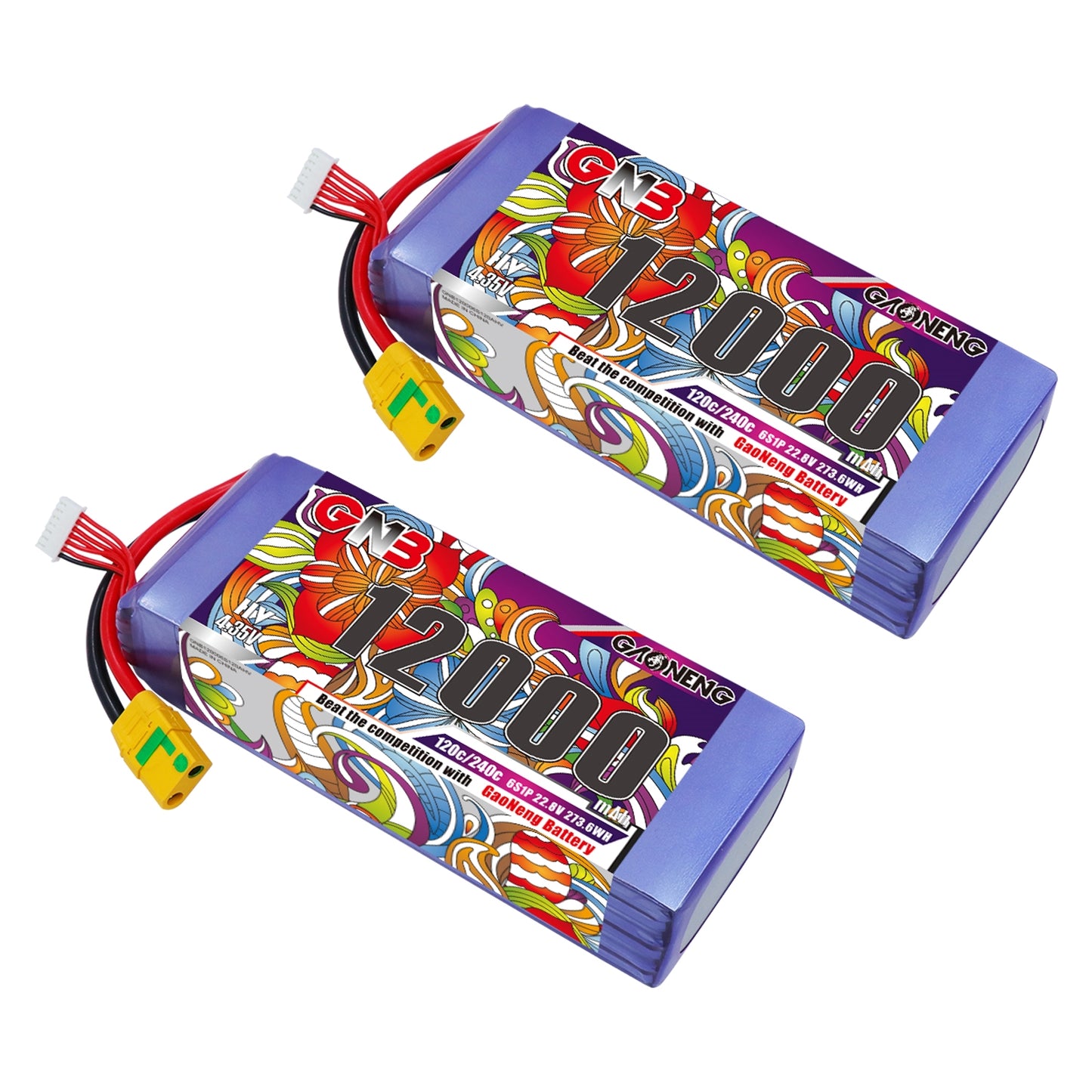Two GAONENG GNB 12000mAh 6S HV LiPo batteries with XT90S-F connectors, pair set view