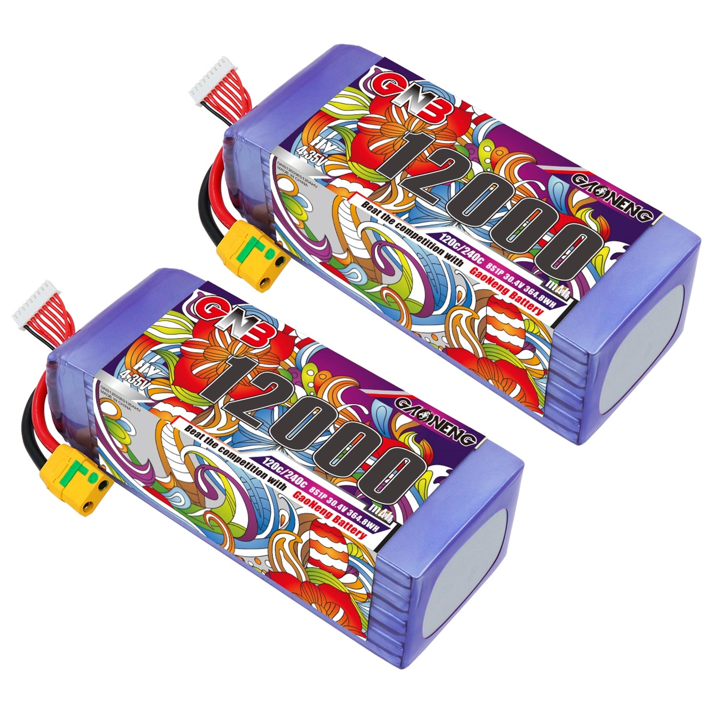 Two GAONENG GNB 12000mAh 8S HV LiPo battery packs shown together, XT90S-F leads and balance plugs