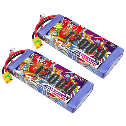 Two GNB 12000mAh 4S LiPo batteries shown at an angle, both with balance lead and XT90-style plug