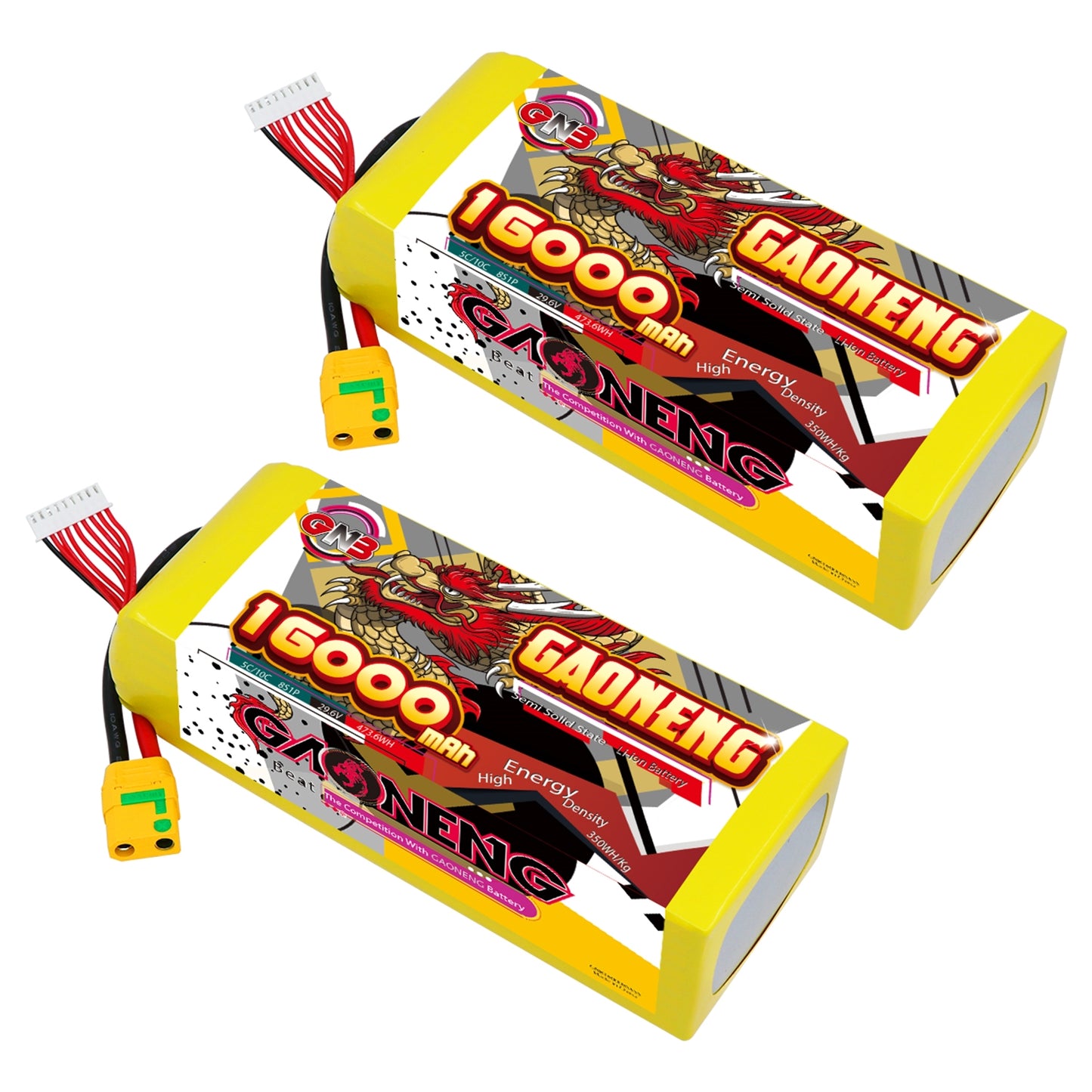 Two GAONENG GNB 16000mAh 8S battery packs shown at angle with XT90S discharge connector