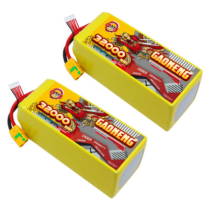 Two GAONENG GNB 32000mAh 6S battery packs shown with XT90S-F discharge connector and balance plug