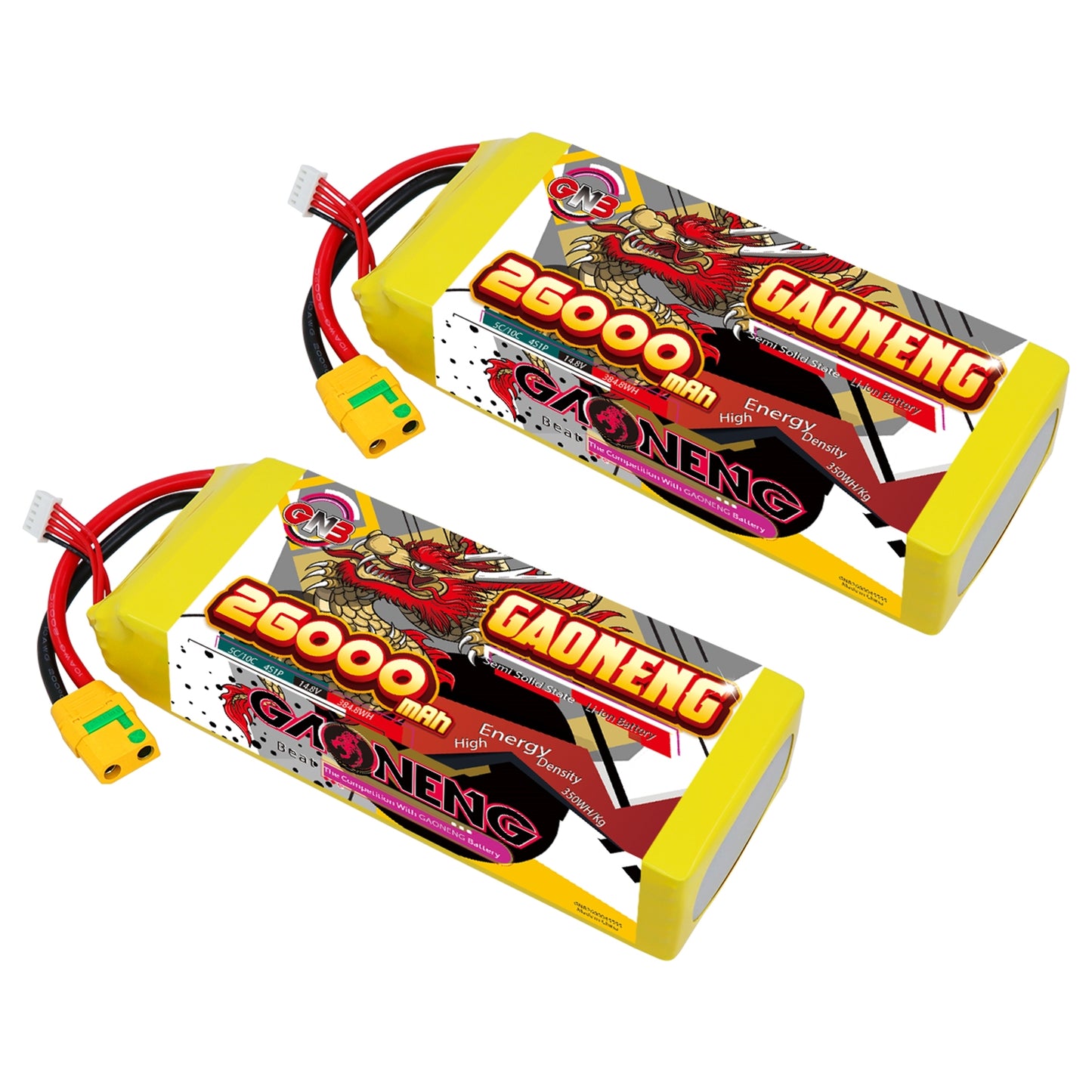 Two GAONENG 26000mAh battery packs shown side by side with yellow XT-style discharge connectors