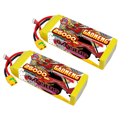 Two GAONENG 26000mAh battery packs shown side by side with yellow XT-style discharge connectors