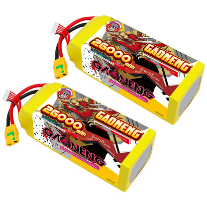 Two GAONENG GNB 26000mAh battery packs shown with XT90S anti-spark connectors and balance leads