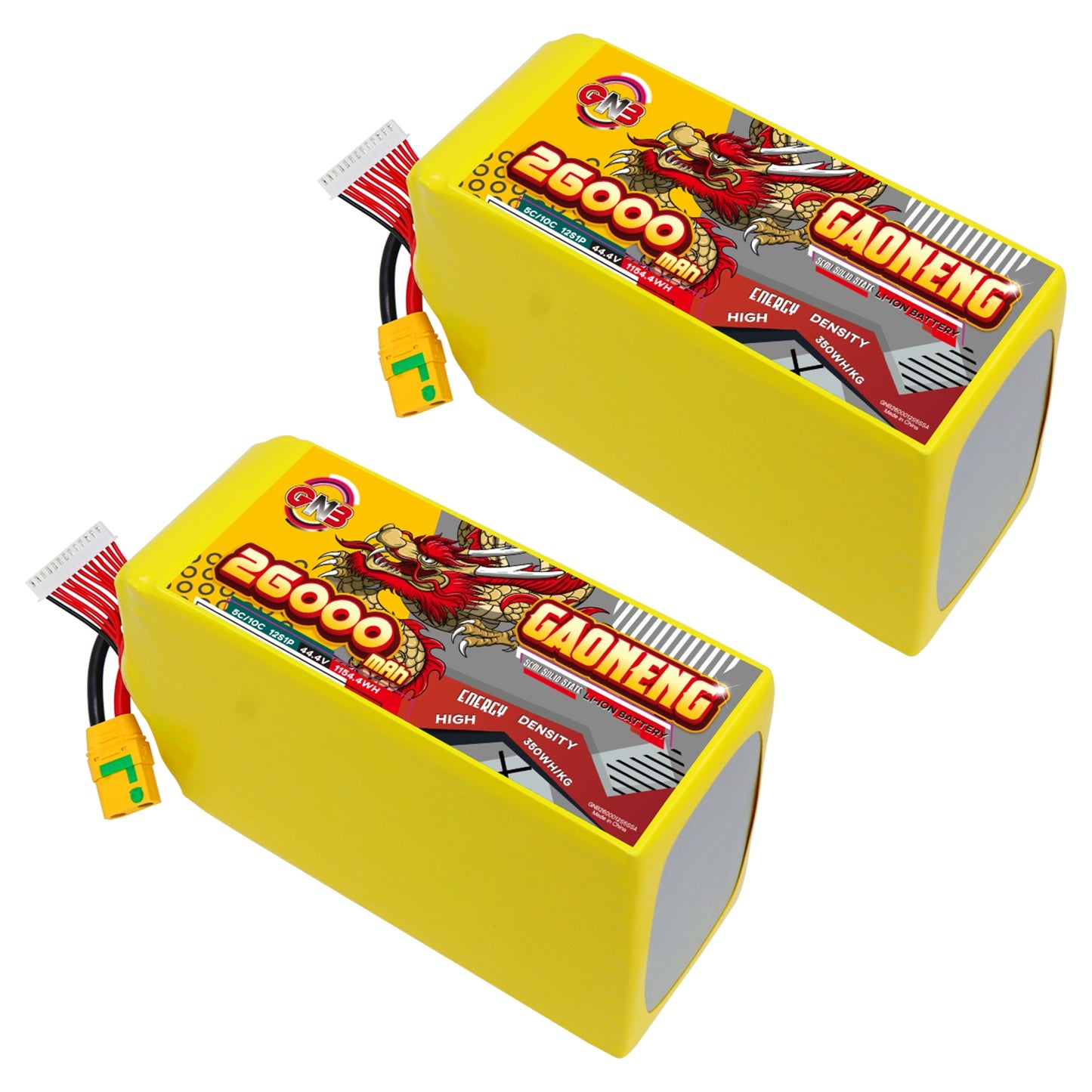 Two GAONENG 26000mAh battery packs shown side by side with XT90S connector and balance plug