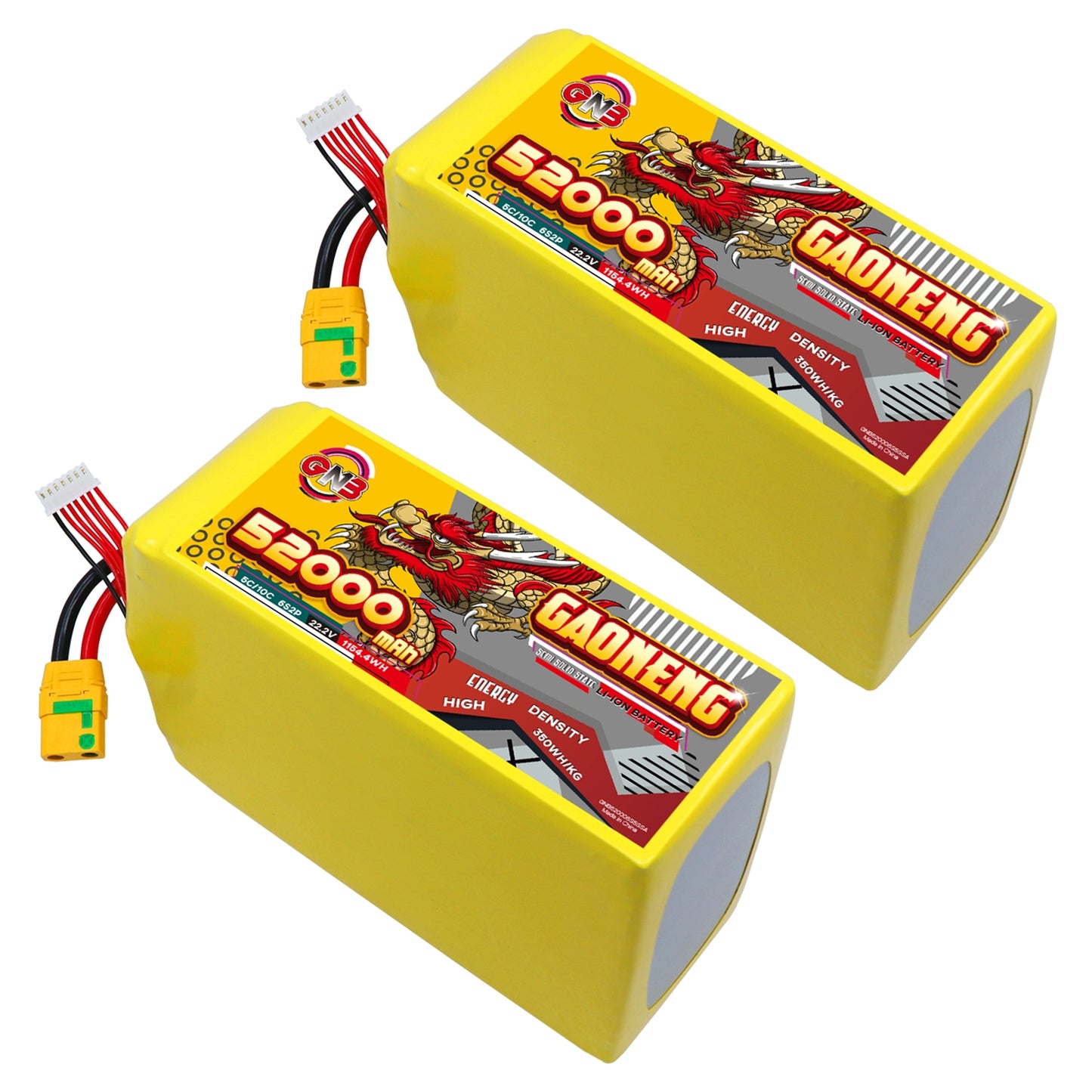 Two GAONENG GNB 52000mAh 6S battery packs shown at an angle, yellow heat-shrink with XT90S leads