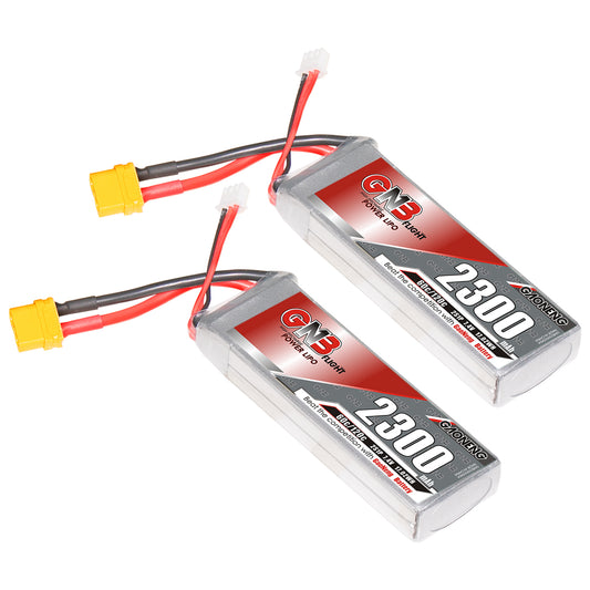 Two GAONENG GNB 2300mAh LiPo batteries with XT60U-F main leads and white balance plugs