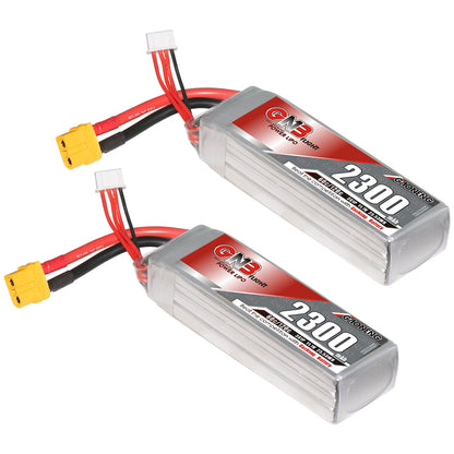 Two-pack of GNB 2300mAh LiPo batteries shown angled, XT60 power plug and white balance connector