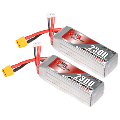 Two-pack of GNB 2300mAh 4S LiPo batteries with XT60 connectors and balance leads, angled view