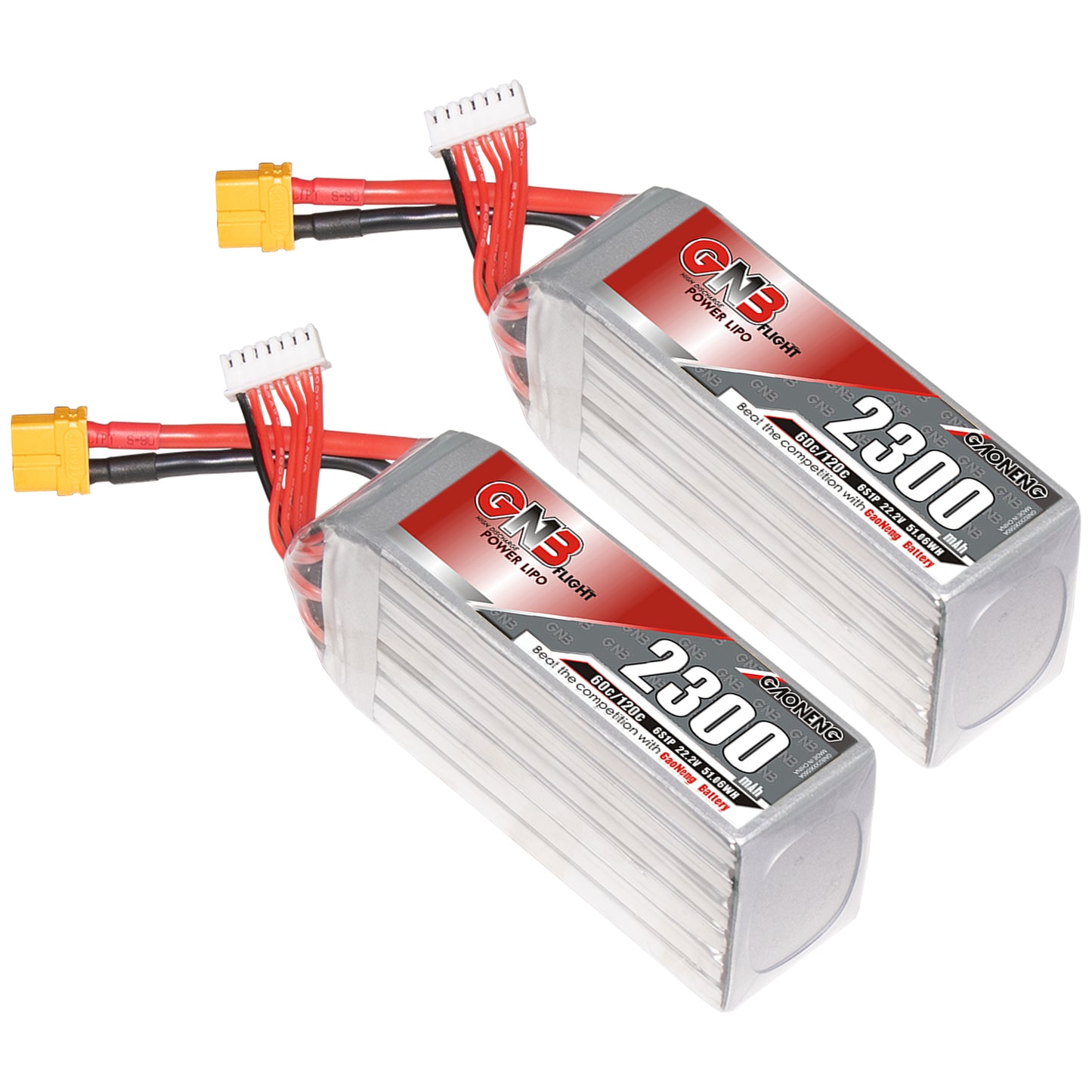 Two GNB 2300mAh LiPo batteries with XT60 connectors and balance leads, angled view