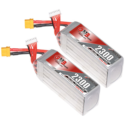 Two GNB 2300mAh LiPo batteries with XT60 connectors and balance leads, angled view