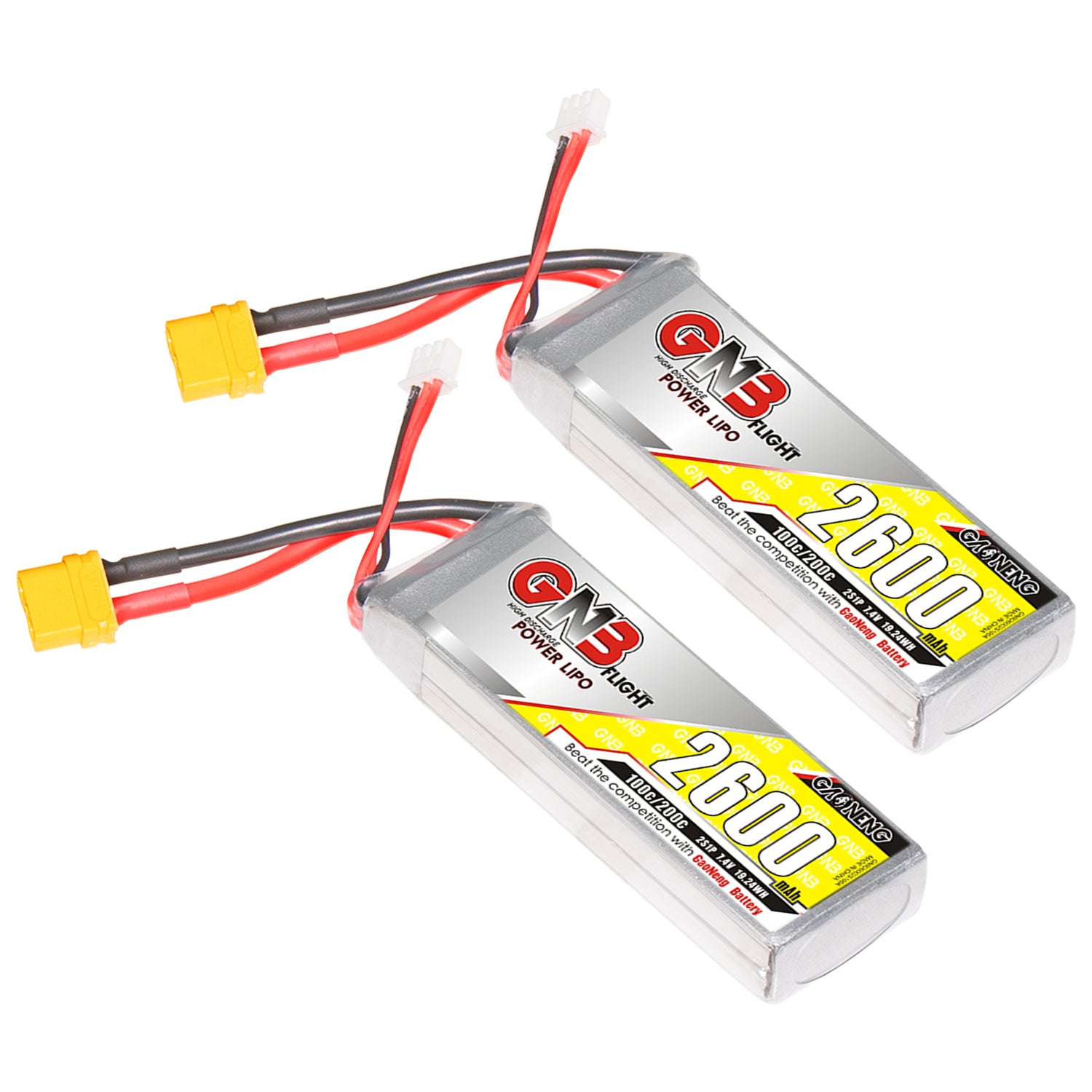Two GNB 2600mAh LiPo batteries with XT60 plugs and balance leads on white background