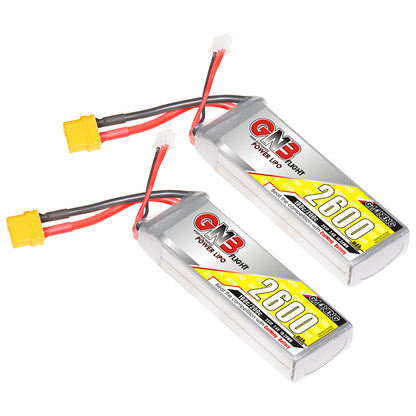 Two GNB 2600mAh LiPo batteries with XT60 plugs and balance leads on white background