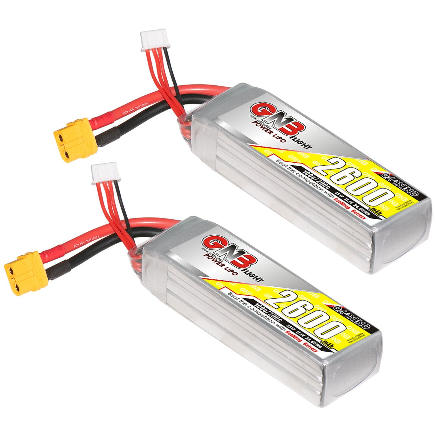 Two GNB 2600mAh LiPo batteries shown angled with XT60 connectors and balance plugs