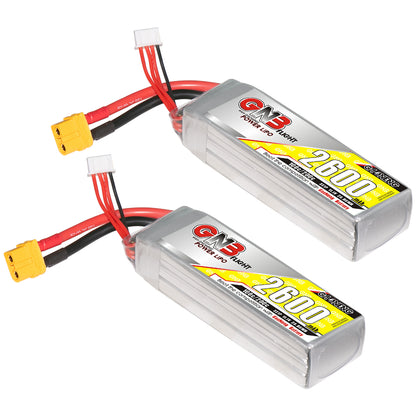 Two GNB 2600mAh LiPo batteries shown angled with XT60 connectors and balance plugs