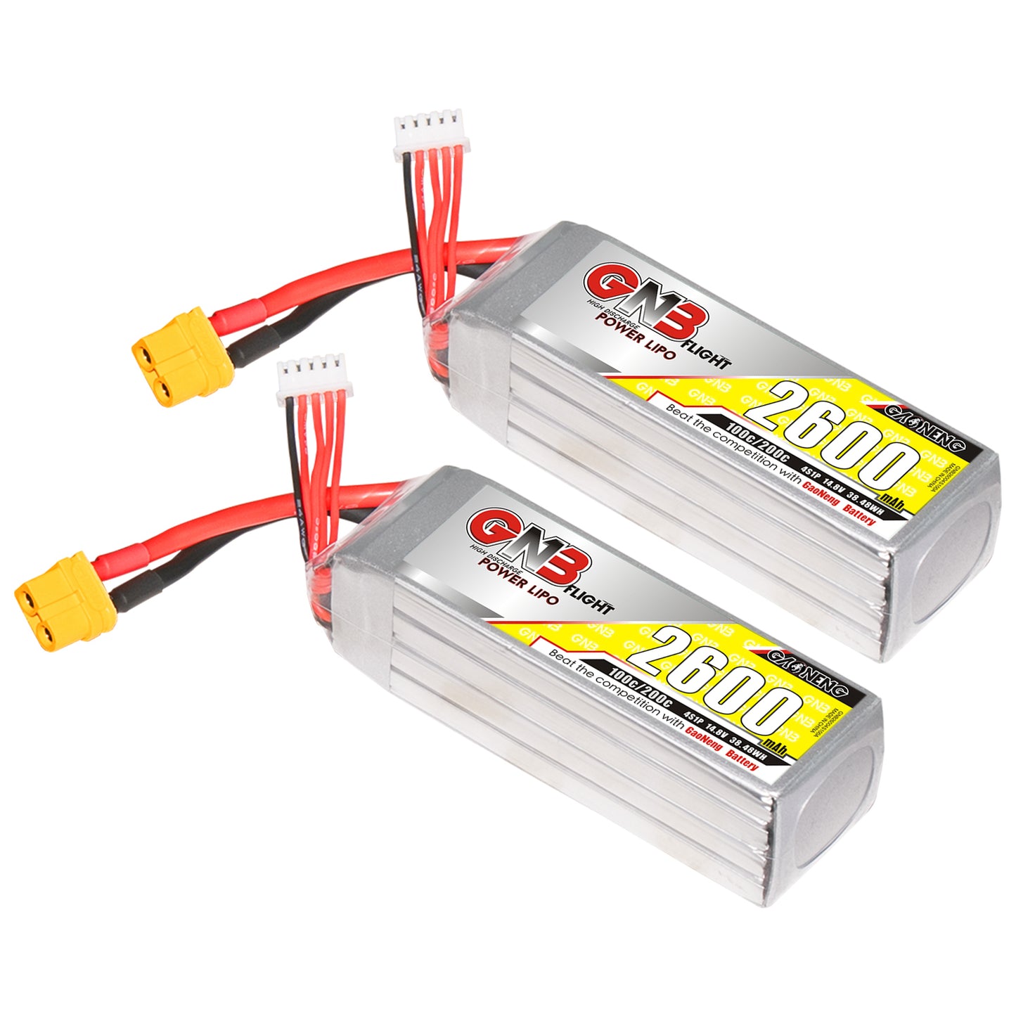 Two GAONENG GNB 2600mAh 4S LiPo batteries shown side by side with XT60 connectors
