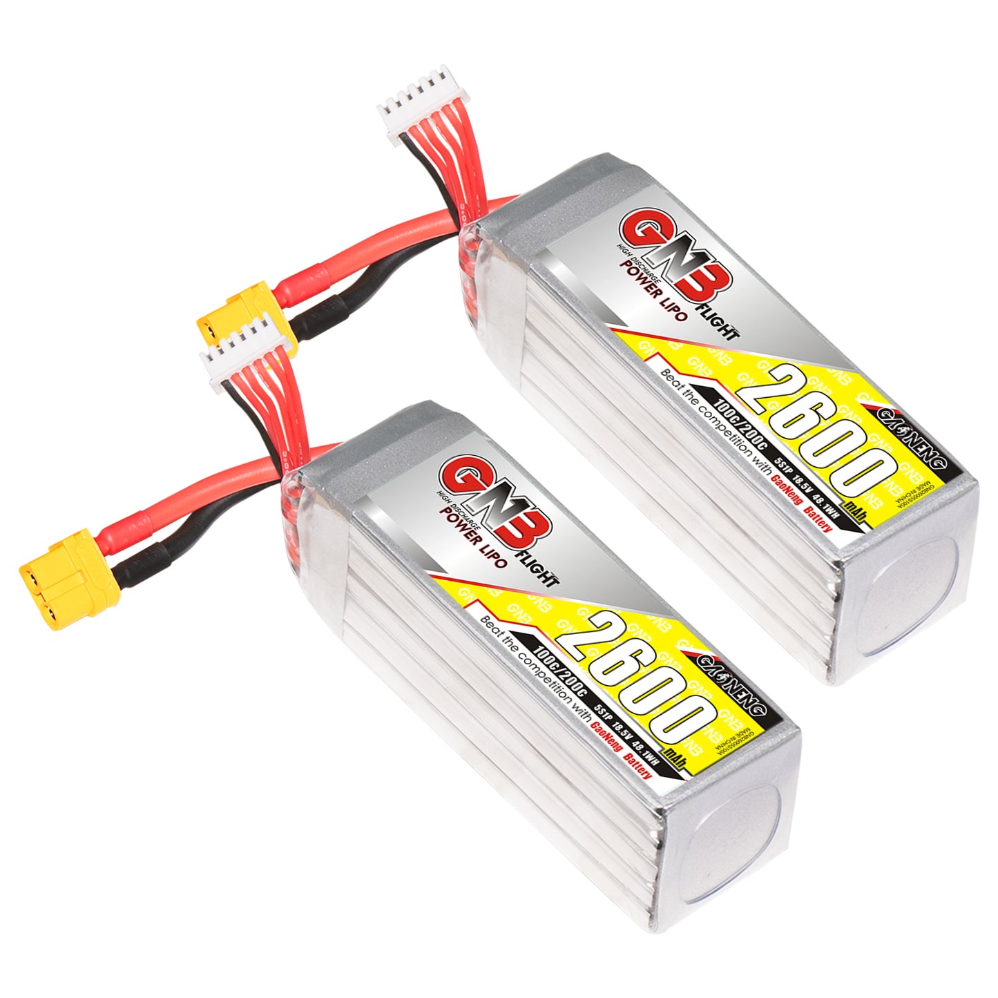 Two GAONENG GNB 2600mAh LiPo packs with XT60 connectors and white balance leads