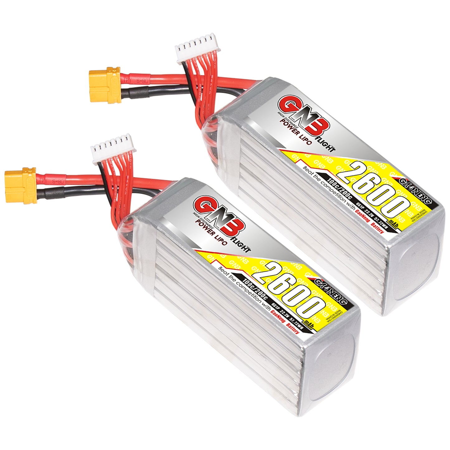 Two GNB 2600mAh LiPo batteries shown together with XT60 power leads and balance plugs