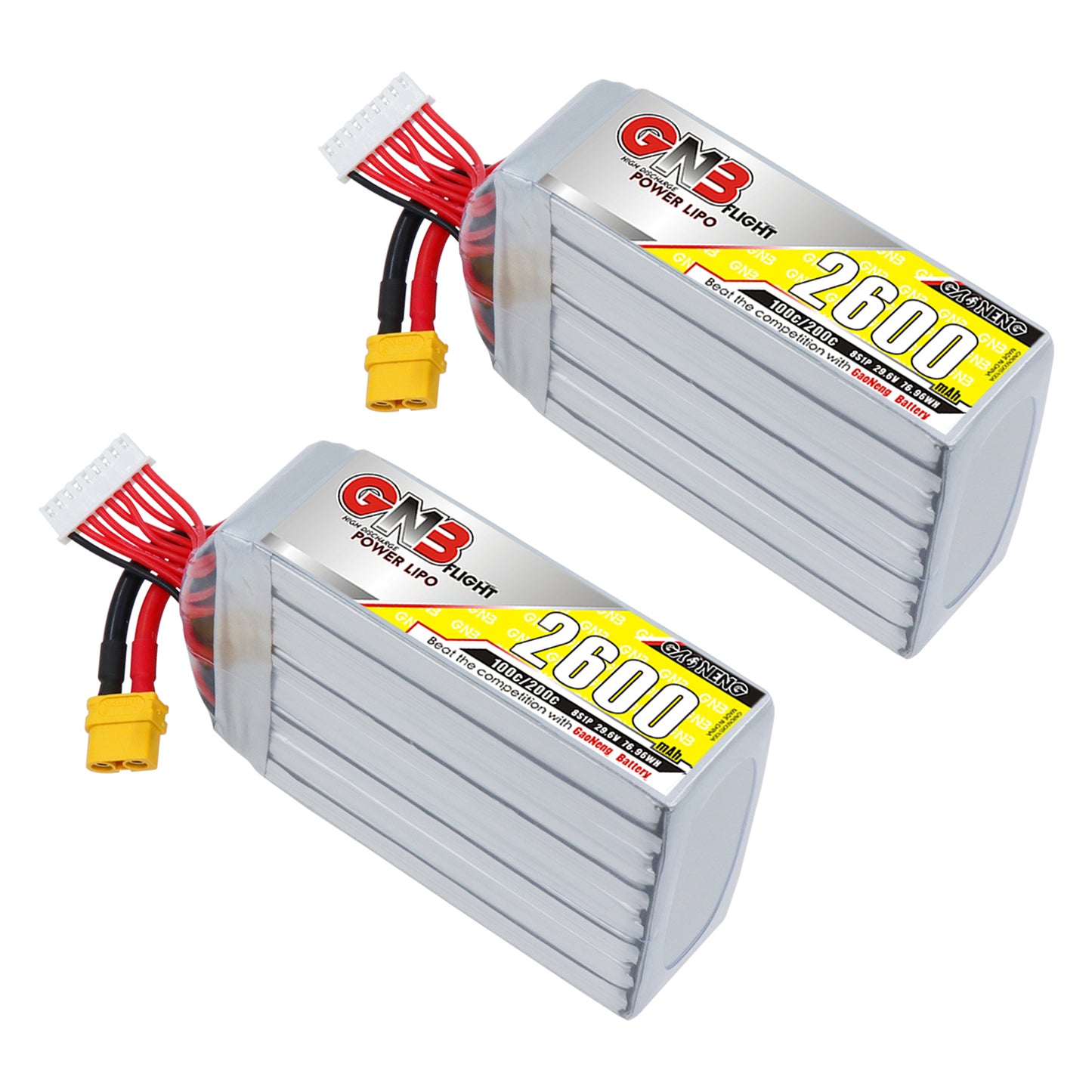 Two GNB 2600mAh 8S LiPo battery packs shown with XT60U-F plugs and balance leads