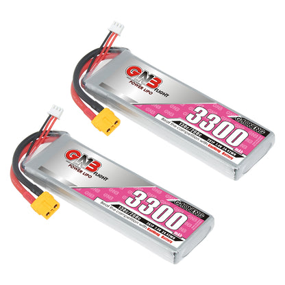 Two GNB 3300mAh 2S LiPo batteries shown at angle with XT60 connector and balance leads