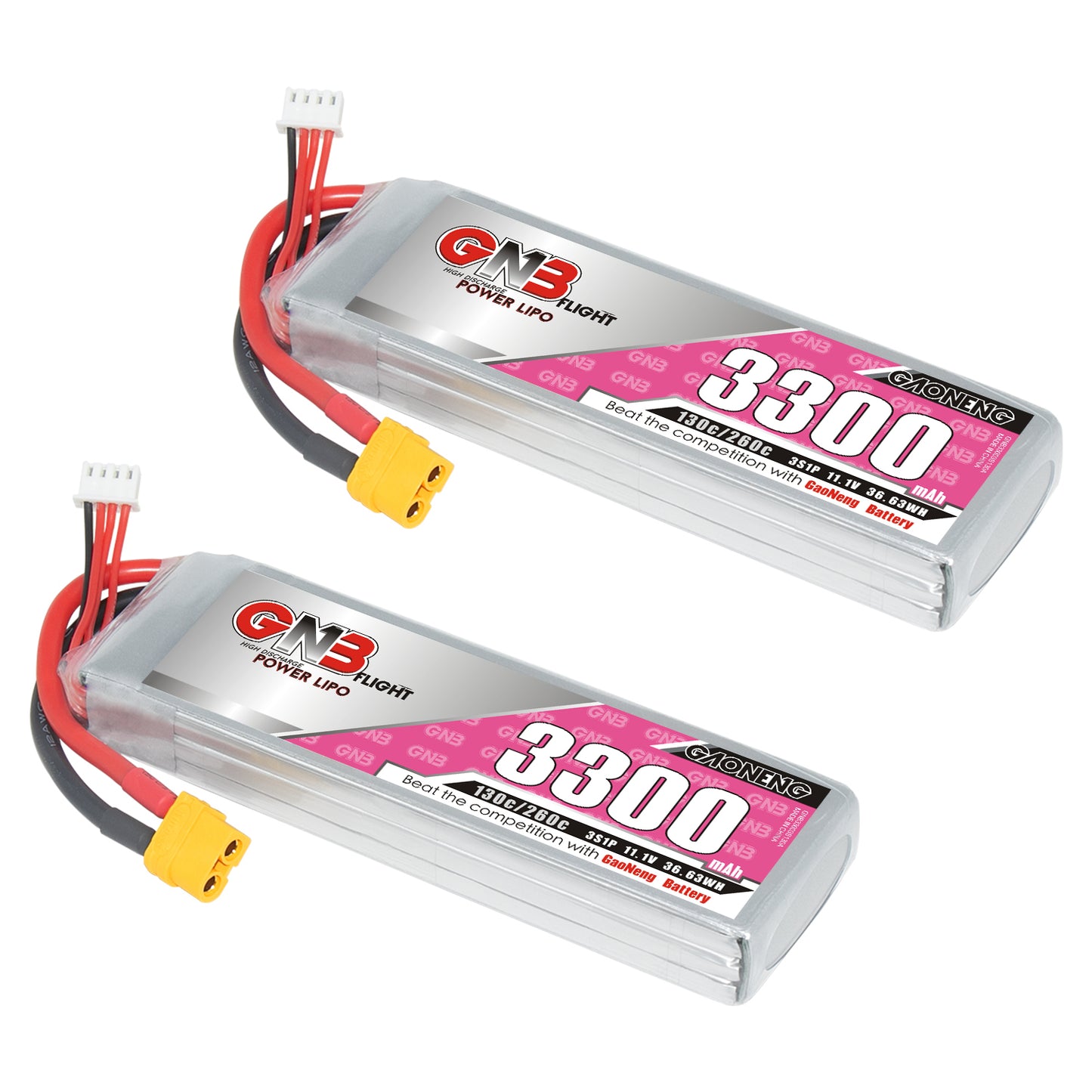 Two GNB 3300mAh 3S LiPo batteries shown together, XT60 plugs and balance leads visible