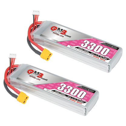 Two GNB 3300mAh 3S LiPo batteries shown together, XT60 plugs and balance leads visible