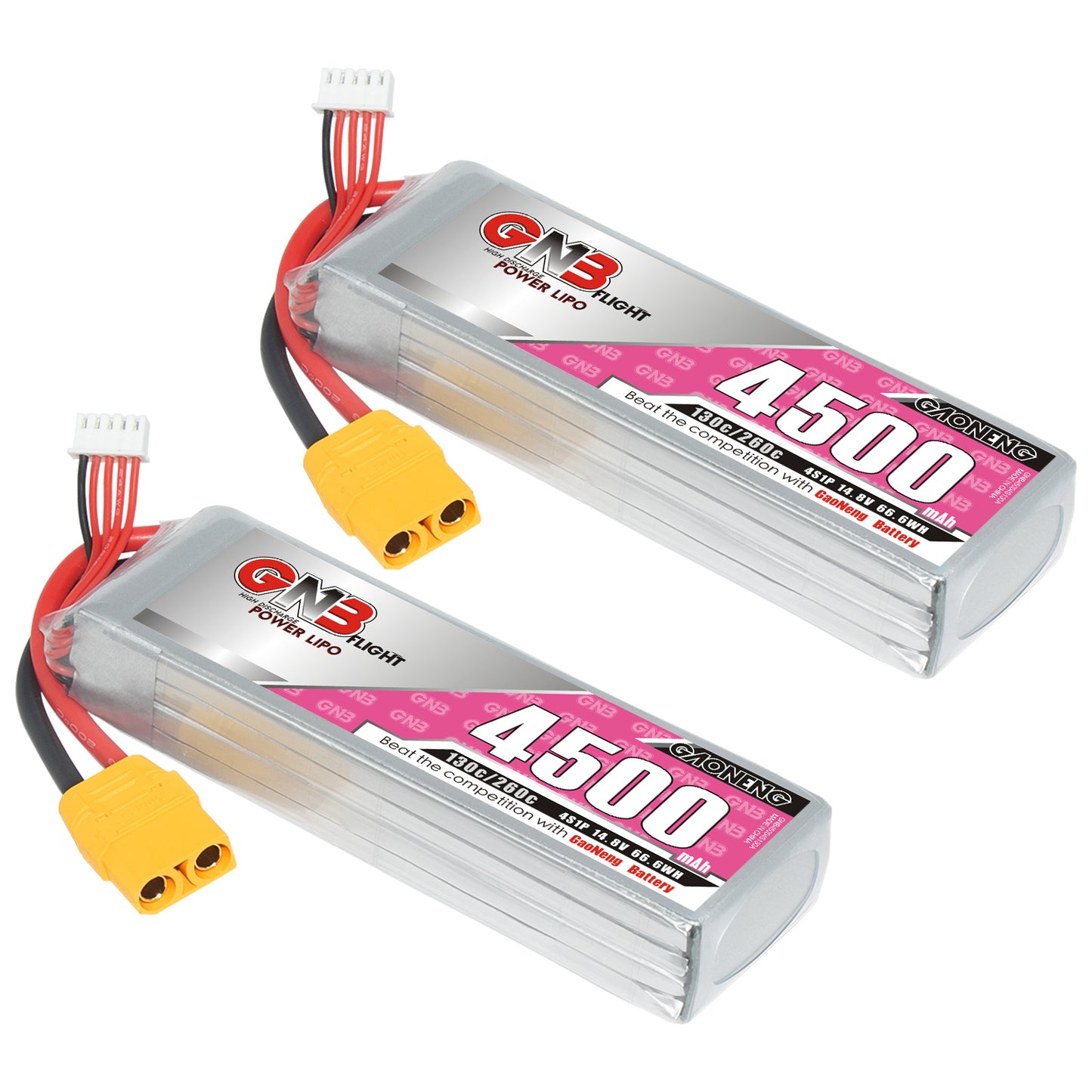Two GAONENG GNB 4500mAh LiPo packs shown at angle with yellow XT90 plugs and white balance connectors
