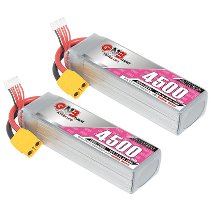 Two GNB 4500mAh 5S LiPo batteries with yellow XT90 connectors and white balance plugs