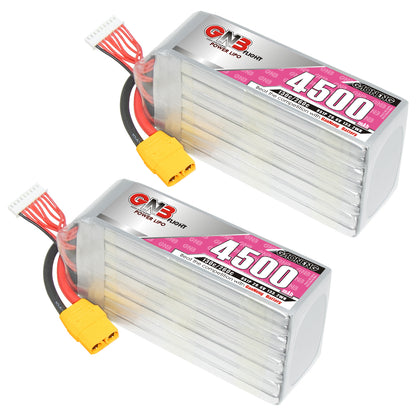 Two GNB 4500mAh LiPo batteries shown together with yellow XT90 connectors and balance leads