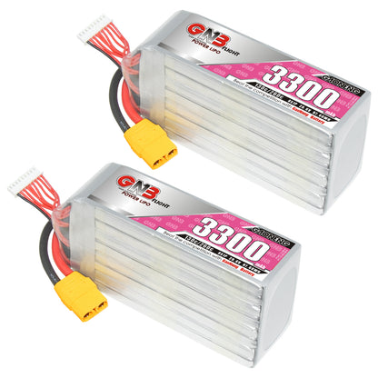 Two GNB 3300mAh LiPo packs shown side by side with XT90 power plugs and balance leads