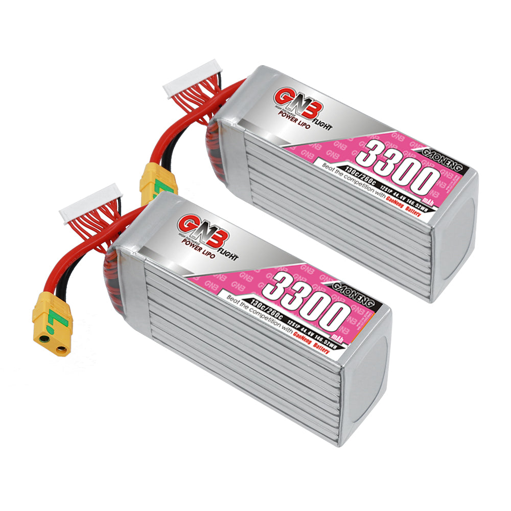Two GNB 3300mAh LiPo batteries shown angled, silver hard case with XT90S connectors
