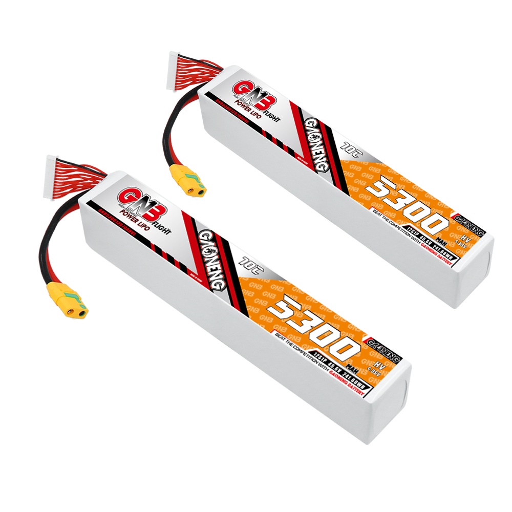 Two GNB 12S 5300mAh 70C HV LiPo battery packs with XT90S connectors, pair bundle view