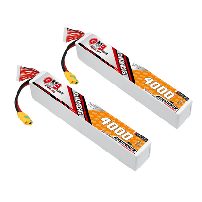 Two GNB 4000mAh LiPo packs shown angled, with XT90S anti-spark connectors and balance leads
